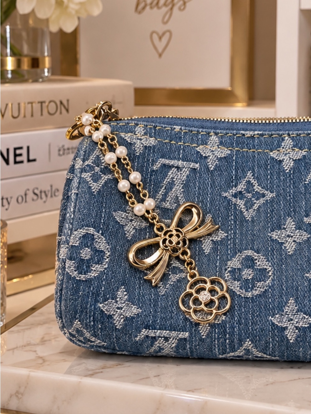 Gold, Pearl and Rhinestone Bow Bag Charm